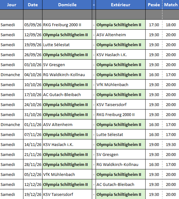 Calendrier de l'équipe 2