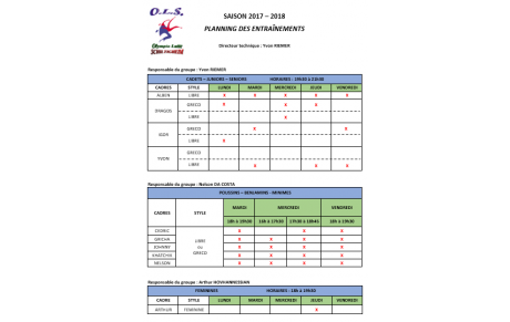 Planning des entraînements 2018