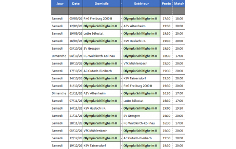 Calendrier de l'équipe 2